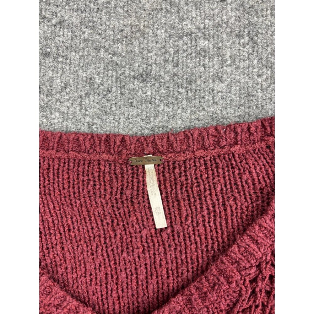 Free People Sweater Womens XS Burgundy V Neck Distressed Knit Pullover Boho - Picture 2 of 7